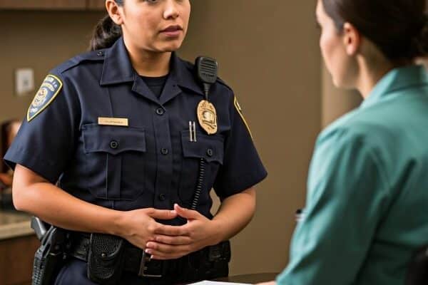 A hispanic female police officer speaking with a mental health professional